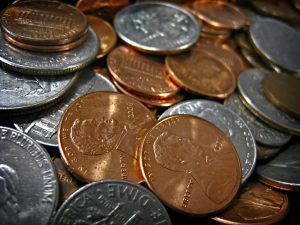 Closeup of assorted coins.